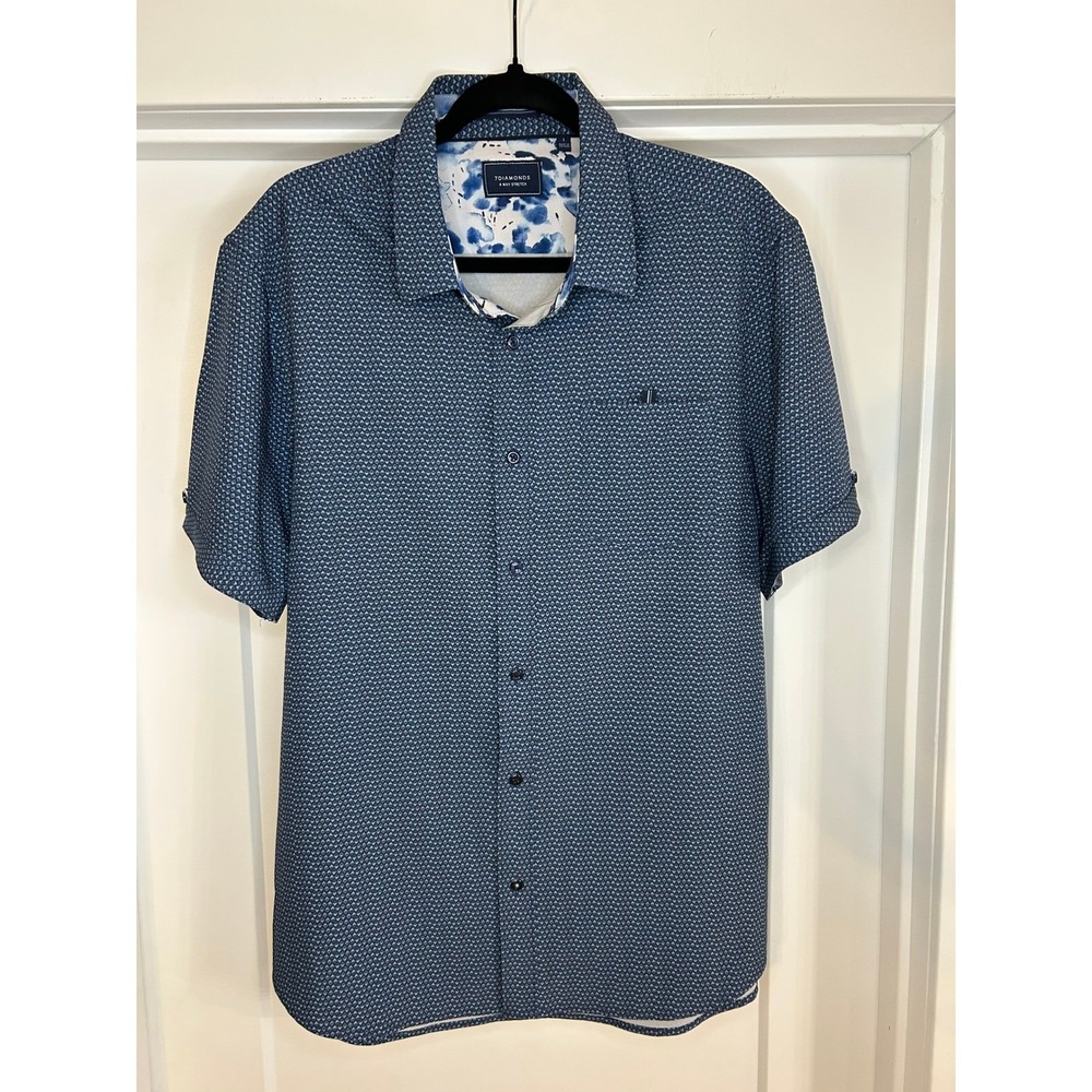 7 Diamonds Higher Love Navy Geometric 4 Way Stretch Short Sleeve Shirt Men Large